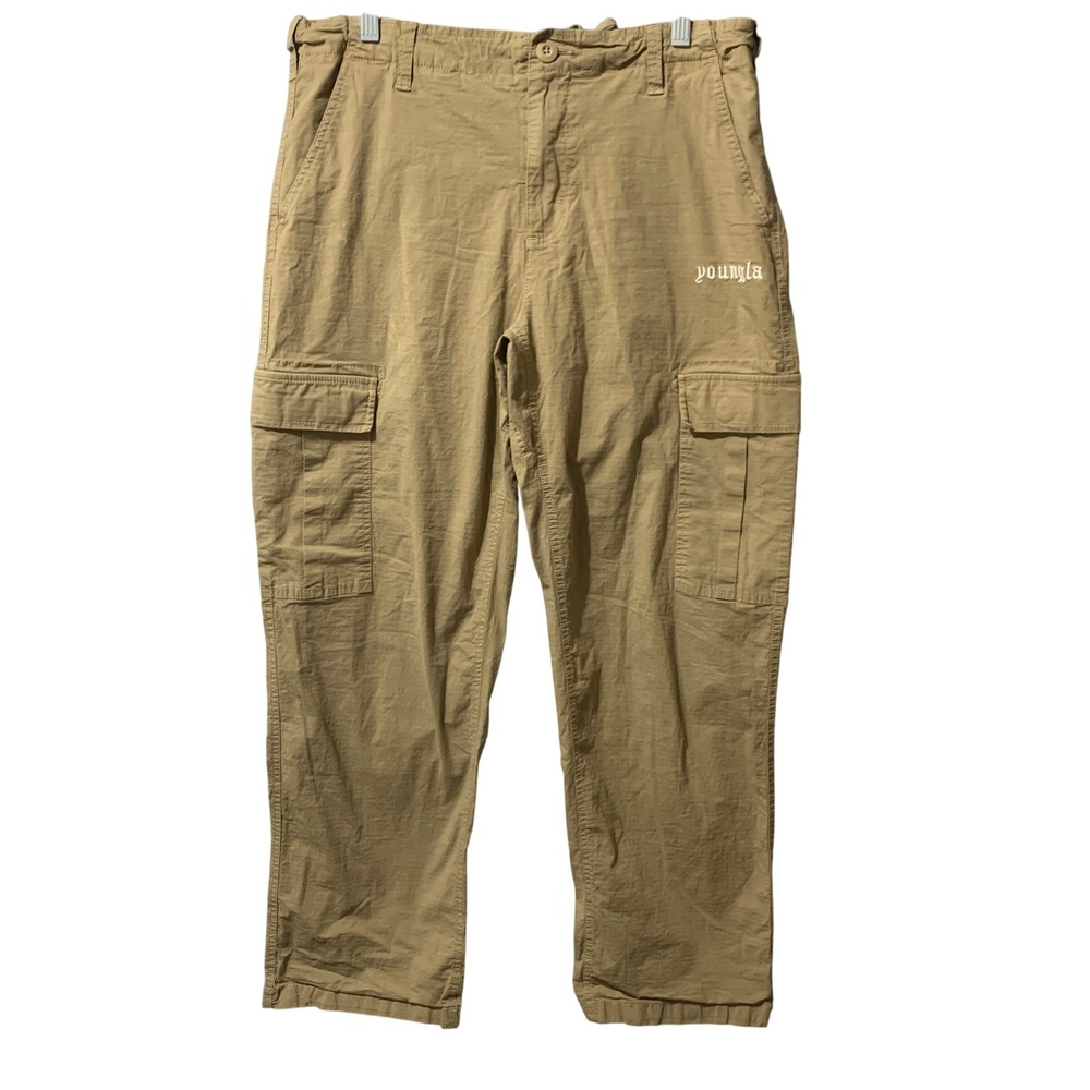 YoungLA Cargo Pants Khaki Beige Mens Size XL Ripstop Straight Leg Cotton Spandex